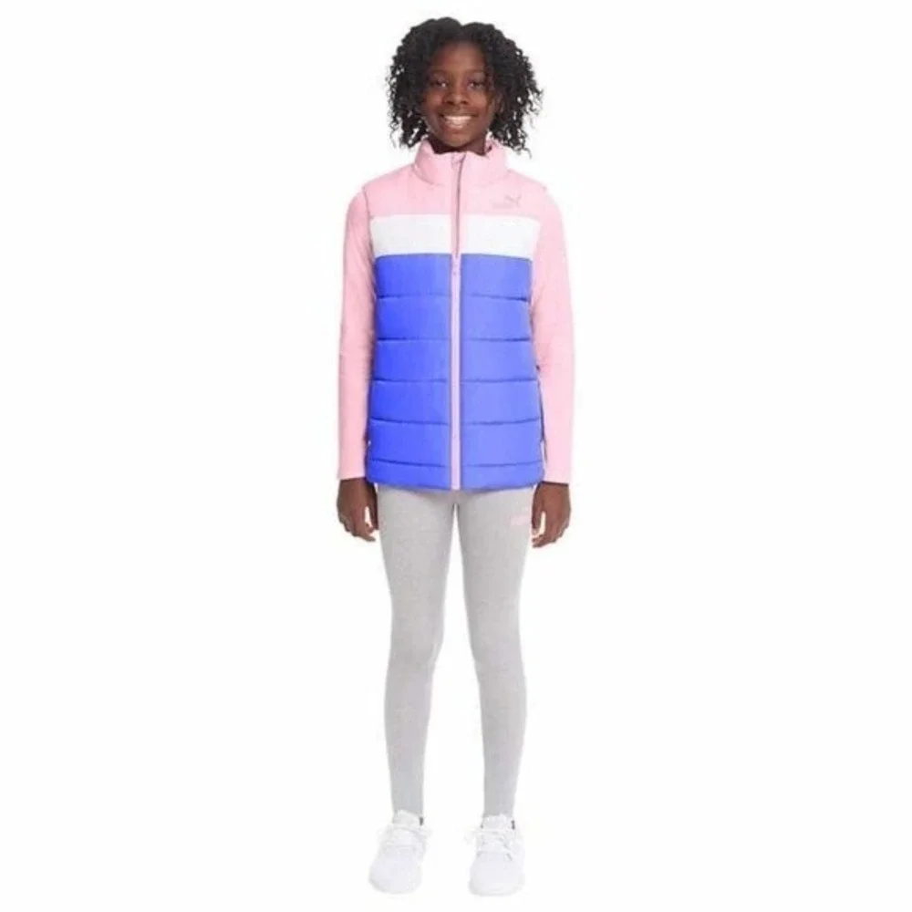 Puma Puffer Vest Shirt Legging Set Kids S 7/8 Pink Purple NEW 3-Piece Activewear - Picture 1 of 7